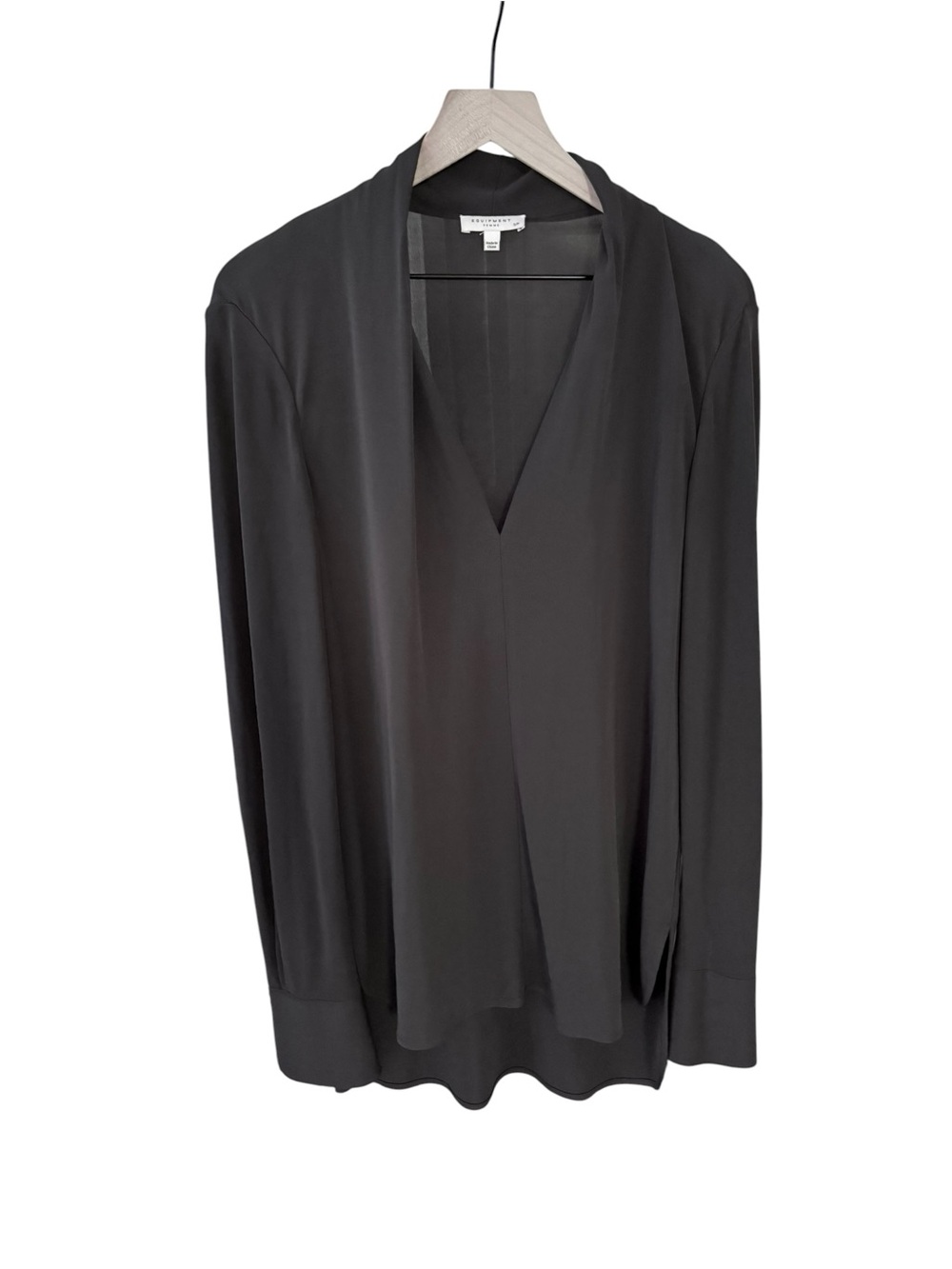 Equipment Femme Black Rayon Deep V Neck Long Sleeve Blouse S Small